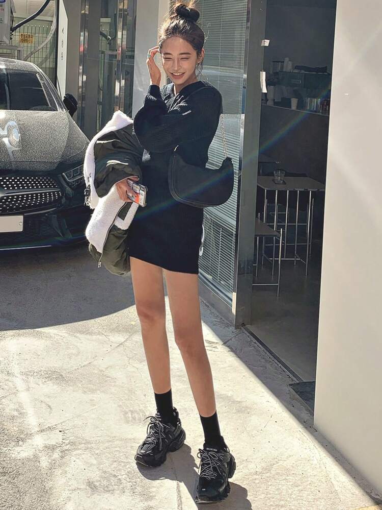 Women's Drawstring Hooded Long Sleeve Sweater Dress