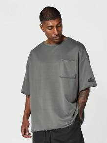 SUMWON Camiseta con bolsillo delantero y aplicación en la manga, con ajuste oversize y orilla cruda