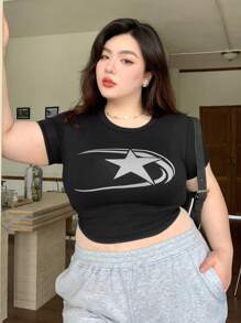 Dazy Plus Plus Size Slim Fit Star Pattern Round Neck Short Sleeve T-Shirt