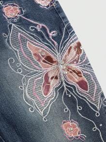 ROMWE Goth Quần Jeans Jeans Denim Ống Loe Họa Tiết Bướm Hoa Hồng Cổ Điển Y2K Cho Nữ, Cạp Thấp, Ôm Vừa Vặn, Đi Học - Màu xanh hải quân - Xem 4