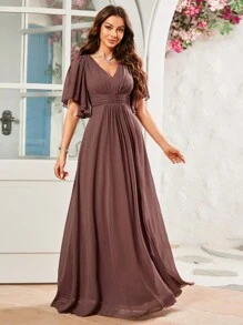 Solid Color Butterfly Sleeve Pleated With Chest Detail, Floor Length Chiffon Bridesmaid Dress Elegant Dress - Bụi hồng - Xem 3