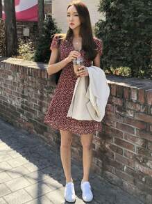 DAZY 女士碎花V领系腰连衣裙夏季吊带裙度假装 - 紅色 - 查看 7