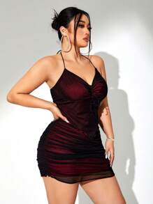 SHEIN ICON Plus Size Asymmetrical Hem Ruched Halter Top And Bodycon Skirt, Club & Festival & Concert Set