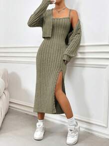 SHEIN Unity Ladies' Fleece Ribbed Sweater & Casual Simple Overall Dress 2pcs/Set Fall Cloth For Women - Army Green - View 3
