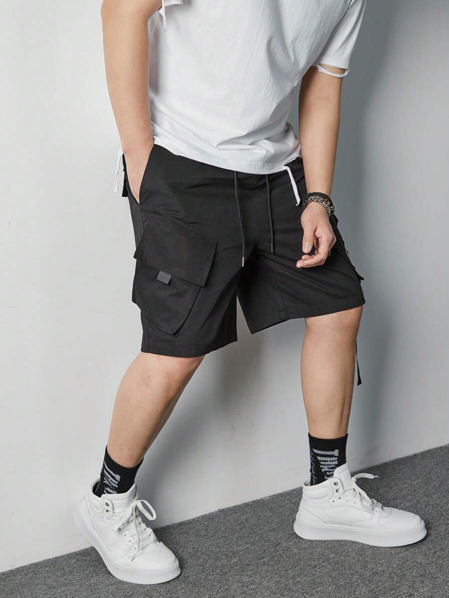 Manfinity Hypemode 男士寬鬆版式帶抽繩腰的貨物短褲 - 黑色 - 查看 1