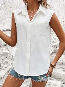 SHEIN Frenchy 女士純色無袖上衣 - 白色 - 查看 3