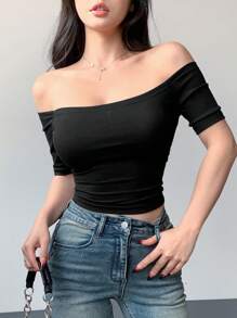 DAZY 纯色露肩短款上衣，紧身设计，夏季 - 黑色 - 查看 9