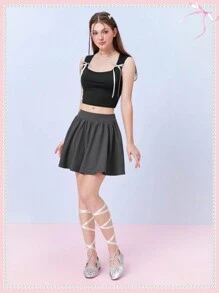 SHEINNeu Débardeur et jupe casual d'été en deux pièces pour femmes, style kawaii balletcore avec nœud ruban. Tenue de sortie d'été - Multicolore - Voir 6