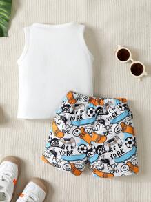 2 cái/bộ Em bé Con trai Mùa hè , Bao gồm A Áo vest Và A Áo thun Với Bóng đá , Viết tháu , Ván trượt , Mặt , Và Fake Cái túi Mô hình , Và Quần short - Nhiều màu - Xem 2