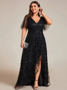 Plus Size Plunging Neck Sequin Contrast Split Thigh Bridesmaid Dress Black Elegant Formal Evening Prom Wedding Guest Gown, For Graduation, Dinner Party Dress