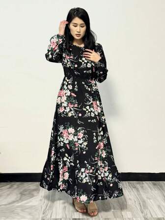 女士休闲长袖碎花连衣裙松紧腰长裙