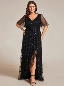 Plus Size Plunging Neck Sequin Contrast Split Thigh Bridesmaid Dress Black Elegant Formal Evening Prom Wedding Guest Gown, For Graduation, Dinner Party Dress