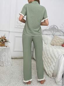Green Nightgown Lapel Pajama Set - Green - View 2