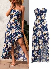 SHEIN VCAY Holiday Flower Print Bandeau Split Hem Dress With Ruffle Hem - Navy Blue - View 1