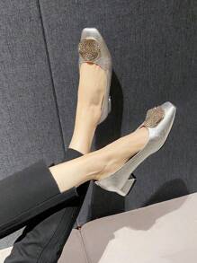 2025 Autumn Fashionable Classic Gold Velvet Matched With Metal Rhinestone Buckle Square Toe Chunky Heel Women's Flats Valentines - Silver - View 4