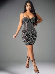 Women's Bubble Bead Spaghetti Strap Bodycon Dress With Built-In Cup - Black - View 1