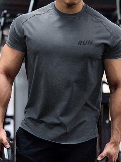 Manfinity Sport Corelite Boyfriend Style Men's Letter Print Crew Neck Short Sleeve Sports T-Shirt,Gym Clothes Workout Tops Gym Top Breathable