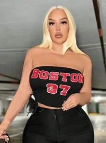 SHEIN SXY Plus Size Letter & Number Printed Bandeau Top With Ties