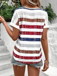 SHEIN LUNE V-Neck Batwing Striped Short Sleeve T-Shirt - Multicolor - View 2