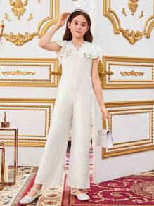 SHEIN Tween Girls' Jumpsuit With Ruffle Hem For Casual Wear