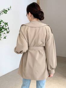DAZY 女士纯色翻领双排扣长袖休闲商务风衣，秋装女装夹克 - 杏色 - 查看 2