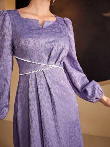 Modelyn Damen Jacquard Nagel Perlen verziertes Laternenkleider-Kleid, elegantes Abendkleid, lange Abendkleider - Violett - Übersicht 3