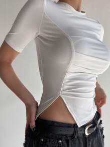 DAZY 女士純色褶皺短袖t恤,側開衩設計 - 白色 - 查看 4