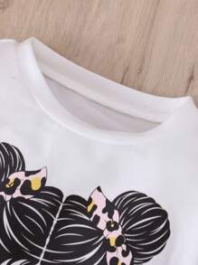 SHEIN 年輕女孩有趣可愛印花連帽衫和打底褲套裝 - 藍白色 - 查看 3