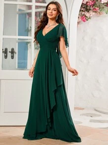 交叉裹身前短款不对称下摆雪纺伴娘礼服优雅正式晚会舞会婚礼宾客礼服，适合毕业典礼、晚宴派对礼服、生日女士服装 - 墨綠色 - 查看 4