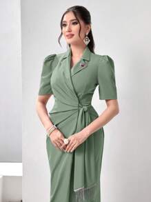 Modelyn Solid Lapel Collar Puff Sleeve Fringe Hem Wrap Knot Dress - Green - View 6