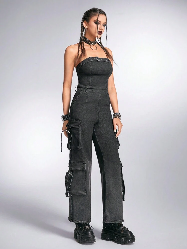 Denim Jumpsuit With Bib Pocket And Straight Leg Design, Stonewashed