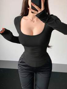 DAZY Solid Color Asymmetrical Hem Slim Fit Round Neck Long Sleeve T-Shirt - Black - View 2