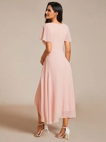 Elegant Chiffon Ruffle Hem Contrast Color High-Low A-Line Midi Chiffon Pink Bridesmaid Dress, Wedding Guest Dress, Suitable For Wedding Occasions - Pink - View 3