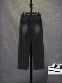 SHEIN 少年男孩時尚休閒割破水洗牛仔褲 - 黑色 - 查看 2