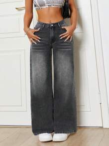SHEIN PETITE Women's Casual Cat Whisker Design Loose Fit Jeans