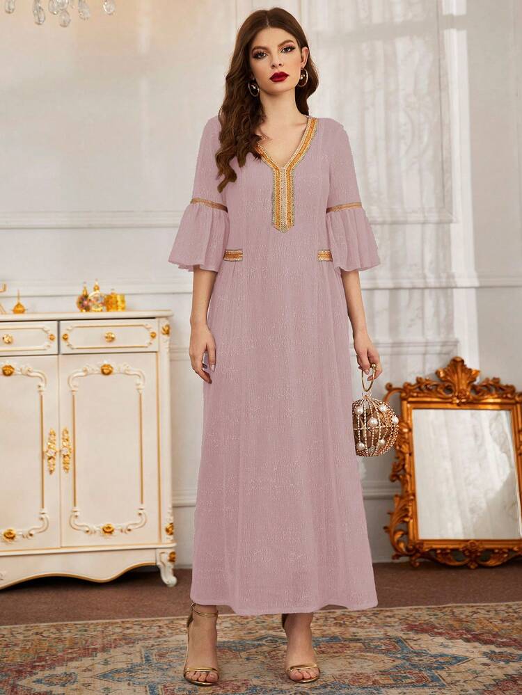Loose Fit Dress With Layered Ruffles And Patchwork Trim