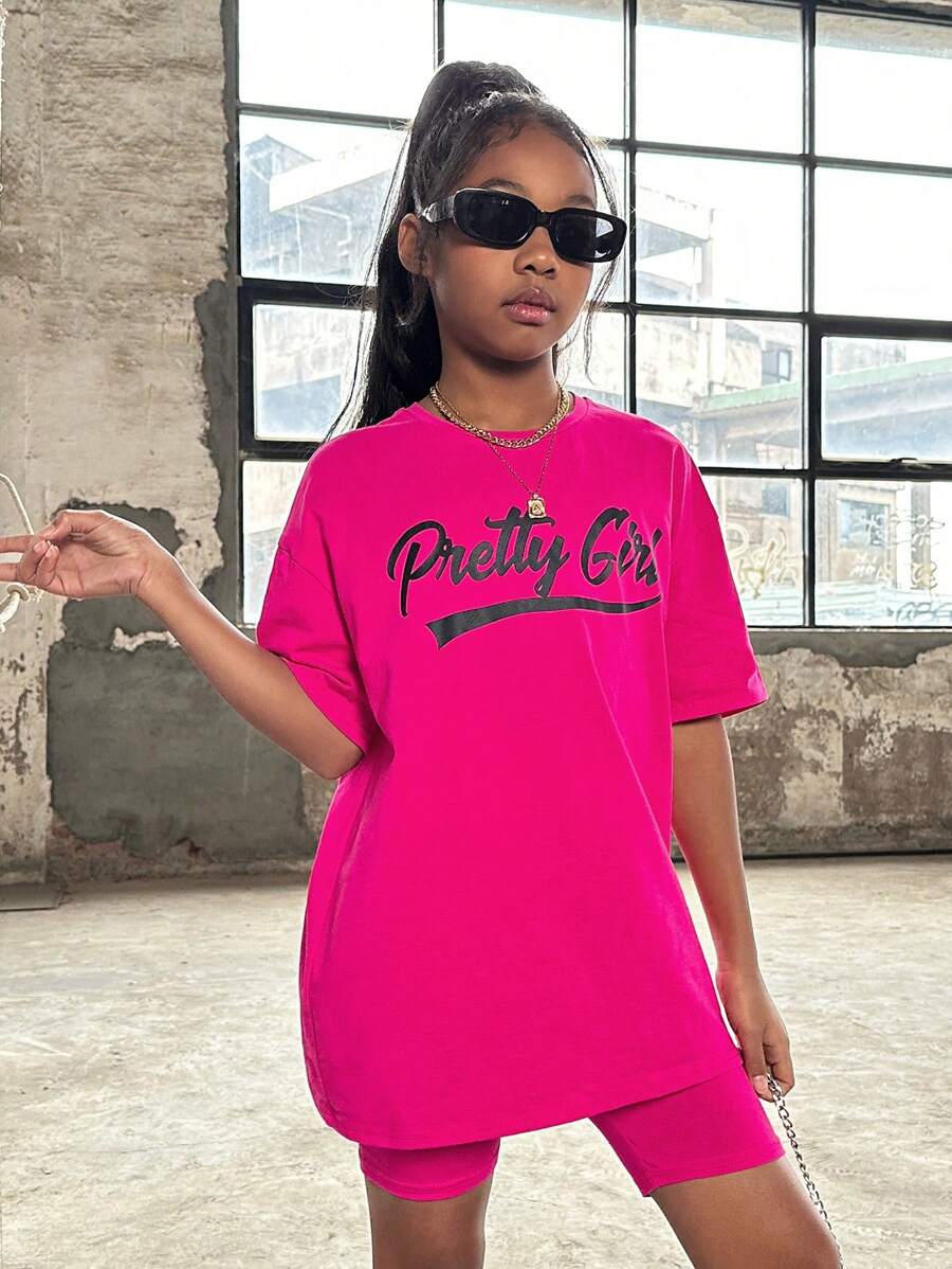 SHEIN Leap Crew 10~14歲女孩涼爽街頭風春夏款針織圓領字母印花短袖t恤和短褲套裝 - 玫紅色 - 查看 1