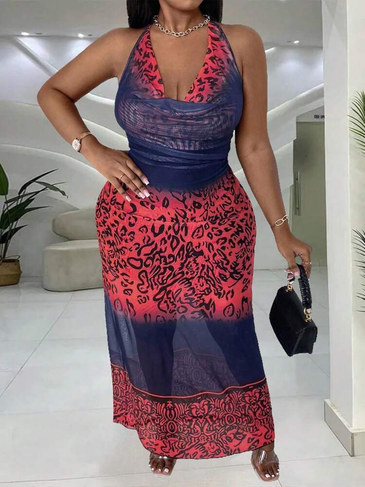 Plus Size Women's Leopard Splicing Cowl Collar Halter Belted Dress