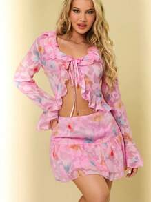 SHEIN BAE 女性紋理花卉印花荷葉邊打結前扣衫 - 彩色 - 查看 1