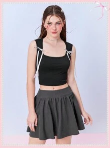 SHEINNeu Débardeur et jupe casual d'été en deux pièces pour femmes, style kawaii balletcore avec nœud ruban. Tenue de sortie d'été - Multicolore - Voir 5