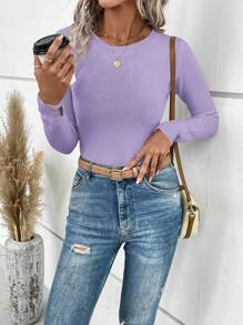 SHEIN LUNE Solid Color Round Neck Rib-Knit Sweater,Long Sleeve Tops - Mauve Purple - View 4