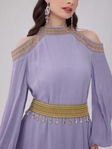 Modelyn Vestido largo de noche para mujer con hombros descubiertos, decoración de cinta tejida y conchas