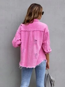 Ladies Single-Breasted Drop Shoulder Long Sleeve Denim Blouse