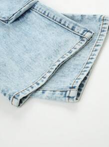 SHEIN Tween Girls' Jeans New Arrival Casual Fashion Multi-Pocket Cargo Washed Denim Straight Pants - Light Wash - View 3