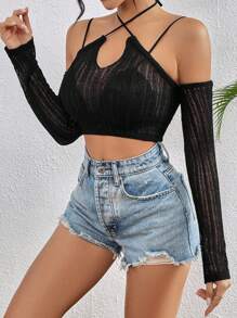 SHEIN Unity Pull court épaules dénudées de couleur unie pour femmes, pull tricoté pour l'automne et l'hiver - Noir - Voir 5