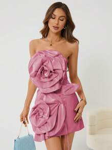 Aveloria Women's Exaggerated 3d Flower Decorated Strapless Dress