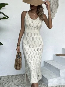 Vestido largo de cobertura de verano con cuello en V de malla transparente de unicolor (patrón aleatorio)