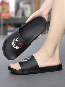 Men's Casual Simple Black Summer Slippers With Open Toe & Cartoon Laughing Face Print Colorblock Eva Fashion Slippers - Black - View 5