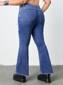ROMWE Grunge Punk Jeans Acampanados Entallados De Estilo Punk De Talla Grande Para Mujer Con Parche De Calavera - Azul - Ver 6
