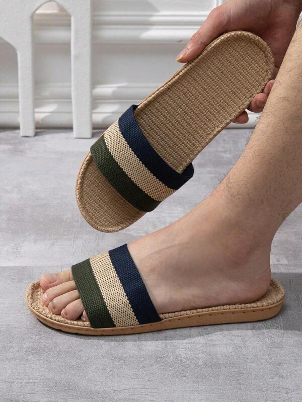 Zapatillas De Vacaciones A Rayas Para Hombre Para Verano, Zapatillas De Lino De Moda Para La Playa, Zapatillas De Plástico Antideslizantes Para Interiores/exteriores Con Plantilla Transpirable Y Que Absorbe El Sudor